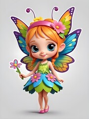 Fototapeta premium A 3D brightly colored cartoon character design of a tiny fairy with butterfly wings