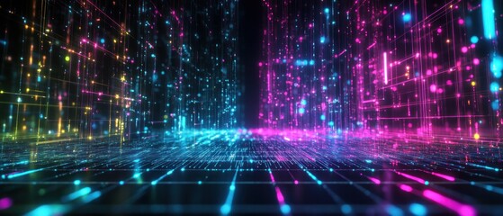 Obraz premium A vibrant digital landscape with glowing lines and particles, evoking technology and data flow.