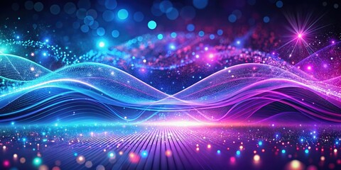 Colorful abstract background with shiny neon purple and blue glitter and waves, technology and cyberspace design, glitter