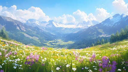 Obraz premium Spring mountain landscape with vibrant wildflower meadow and distant blue ranges under a clear sky, illuminated by soft sunlight and golden hour glow, creating a panoramic vista.