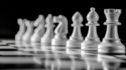 White chess pieces lined up on a black and white chessboard.