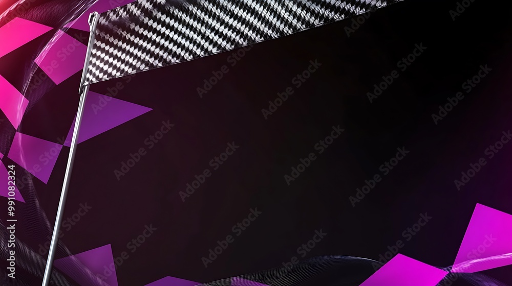 Poster checkered flag with pink triangles and blurred background.