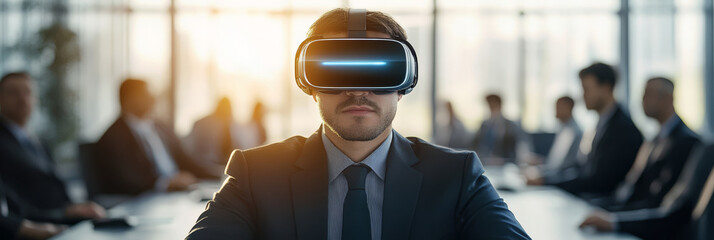Immersive virtual reality experience in modern office setting, showcasing man wearing VR headset while surrounded by colleagues. atmosphere is focused and innovative