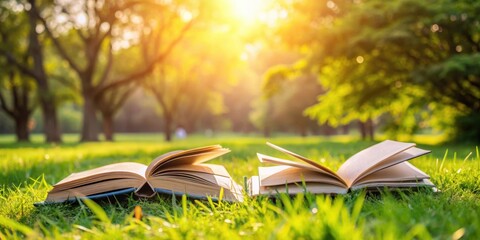 Open books laying in the grass at a peaceful green park, education, reading, relaxation, outdoor, nature, study