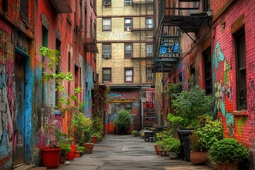 Fototapeta premium Quiet urban alleyway with colorful graffiti on brick walls and potted plants bathed in soft morning light.
