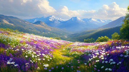 Spring mountain landscape with vibrant wildflower meadow and distant blue ranges under a clear sky, illuminated by soft sunlight and golden hour glow, creating a panoramic vista.