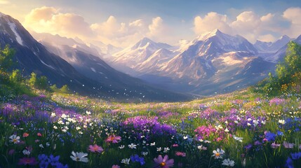Obraz premium Spring mountain landscape with vibrant wildflower meadow and distant blue ranges under a clear sky, illuminated by soft sunlight and golden hour glow, creating a panoramic vista.