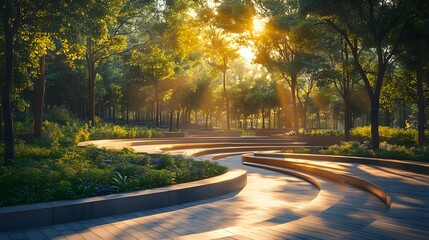 Obraz premium A sunlit park with curved amphitheater seating, modern landscape design, and lush green trees, accentuated by serene golden hour lighting and architectural elements.
