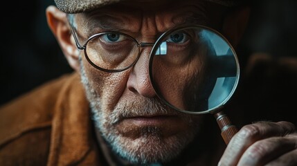 A man with glasses and a hat is examining something with a magnifier