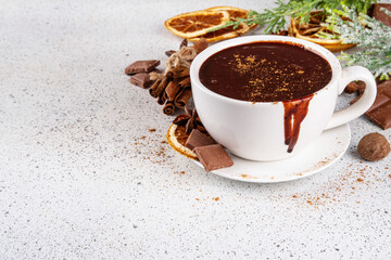 Traditional christmas hot chocolate drink cup with dried orange, cinnamon, anise, spices and Christmas tree sprigs copy space