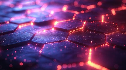 Background with purple and blue hues featuring glowing hexagons and stripes.