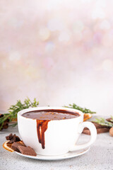 Traditional christmas hot chocolate drink cup with dried orange, cinnamon, anise, spices and Christmas tree sprigs copy space
