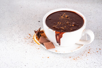 Traditional christmas hot chocolate drink cup with dried orange, cinnamon, anise, spices and Christmas tree sprigs copy space