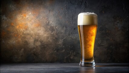 Tall beer glass filled with golden beer and creamy foam head on a dark textured background, beer, glass, foam, head