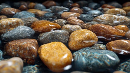 A close-up view of various smooth stones submerged in clear water, displaying beautiful colors and textures. The natural beauty is emphasized by reflections.