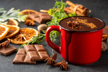 Traditional christmas hot chocolate drink cup with dried orange, cinnamon, anise, spices and Christmas tree sprigs copy space