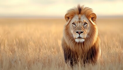 A majestic lion stands proud in a golden grassland, showcasing its regal beauty and captivating presence in the wild.