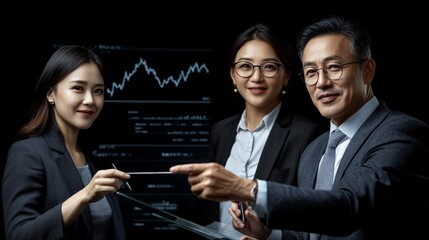 Financial Strategy: A diverse team of confident business professionals collaborates in a sleek, modern setting, analyzing financial data on a large screen. This image conveys a sense of expertise.