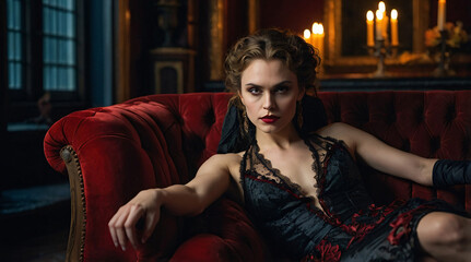 Elegant Vampire Woman Reclining on Luxurious Red Velvet Sofa in Vintage Room © Jason