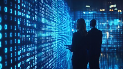 Business people silhouettes against a blue binary code backdrop, focused on a presentation.
