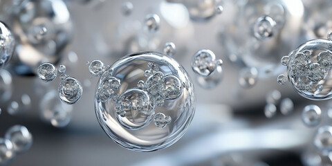 Silver mirror drops in free flight. Abstract texture background with macro 3D elements.
