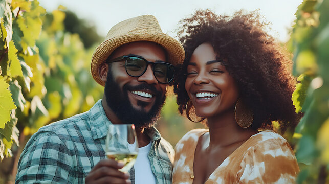 Black couple enjoying a day at a vineyard, tasting wine and relaxing with joyful expressions