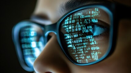 Close up of a person's eye with glasses reflecting binary code.