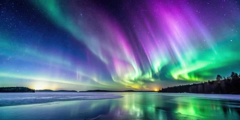 Photo sur Plexiglas Purple and green aurora borealis dancing over a frozen lake , Northern lights, winter, nature, scenic, beautiful, tranquil