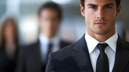 Fototapeta premium Businessman in tailored suit with black tie and white shirt, set in a corporate environment with blurred colleagues, emphasizing professional attire and sharp detail focus.
