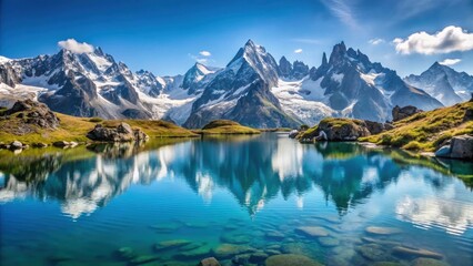 Fototapeta premium Picturesque panorama of Chesery lake and snowy Monte Bianco mountains range in Chamonix