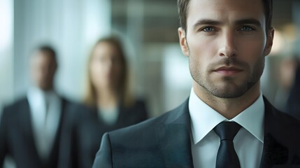 Businessman in tailored suit with black tie and white shirt, set in a corporate environment with blurred colleagues, emphasizing professional attire and sharp detail focus.