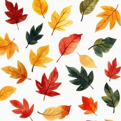 Fototapeta premium A lawn with scattered autumn leaves, seasonal yard scene, watercolor style, warm tones, isolated on white background