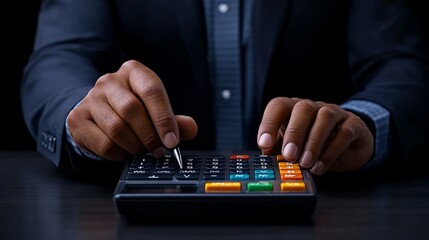 Calculating Success: A close-up shot of a businessman's hands meticulously working a calculator, showcasing the precision and focus required for financial success.