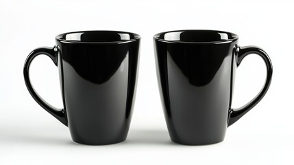 Two glossy black coffee mugs with a minimalist design on a white background, highlighting simplicity and elegance.