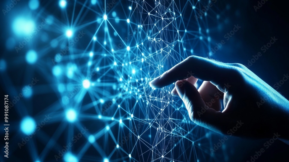 Leinwandbilder Businessman hand touching of digital data network transformation for next generation technology on cyberspace, Internet network and digital software development, Algorithm, Metaverse and data science