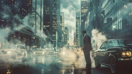 Man in Suit by a Classic Car on a Misty City Street