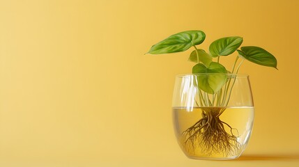Vibrant Houseplant Flourishing in Glass Vase with Visible Hydroponic Roots Against Yellow Background