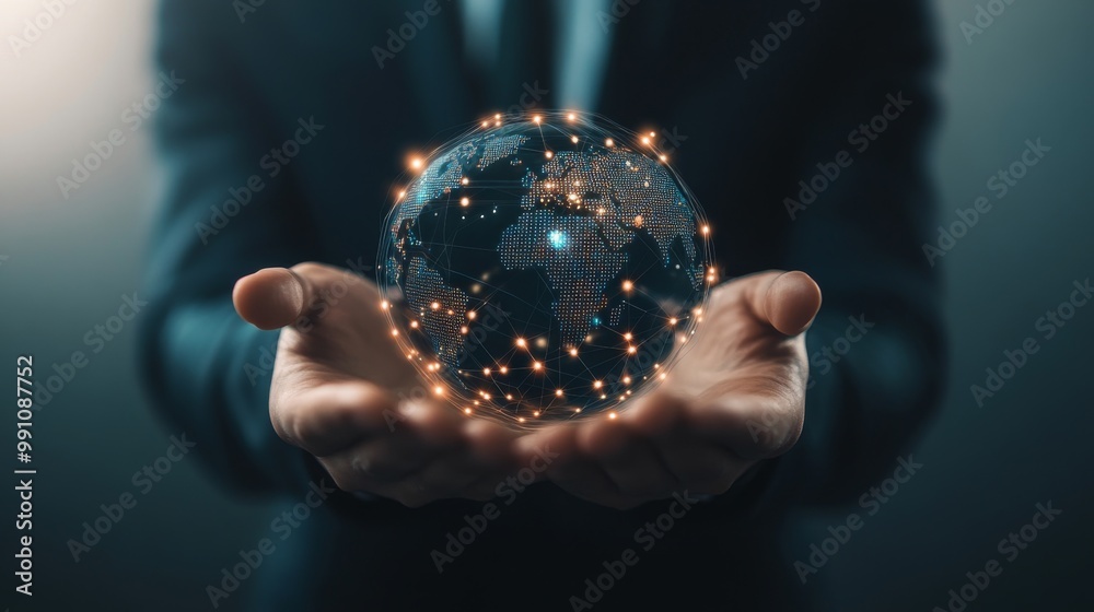 Poster Businessman holding global network connection on social networking and customer data analytics, Business strategy and smart intelligence, digital marketing, Technology and global business.