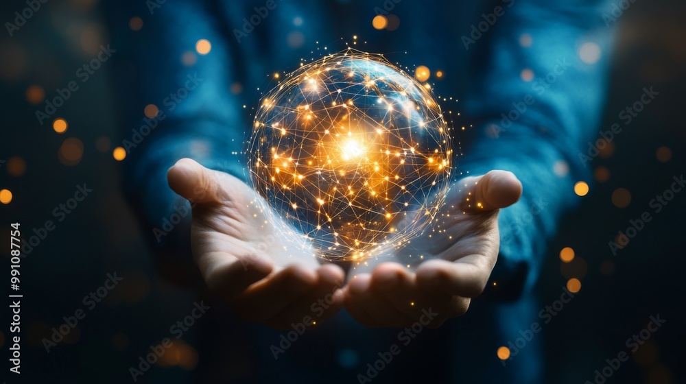 Aufkleber Businessman holding global network connection on social networking and customer data analytics, Business strategy and smart intelligence, digital marketing, Technology and global business.