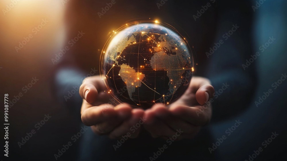 Poster Businessman holding global network connection on social networking and customer data analytics, Business strategy and smart intelligence, digital marketing, Technology and global business.