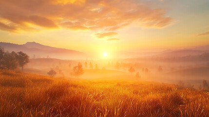Obraz premium Sunrise over a landscape, with the warm light symbolizing the joy and warmth of a smile