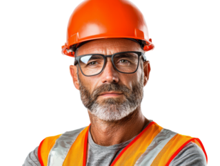 A man wearing an orange safety vest and a hard hat