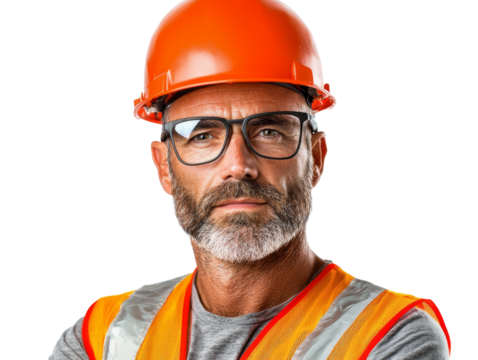 A man wearing an orange safety vest and a hard hat