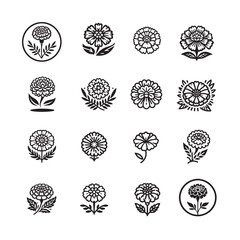 Marigold Flower Silhouette Icon Set – Vector Collection