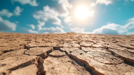 Obraz premium Desert landscape with cracked dry earth under bright sunlight, showcasing barren terrain and environmental themes, featuring dramatic lighting and a clear blue sky.
