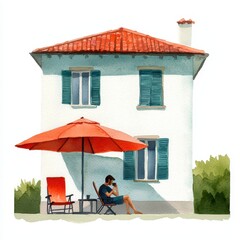 A person sipping coffee under a sunshade in front of the house, summer vibe, watercolor illustration, bright tones, isolated on white background