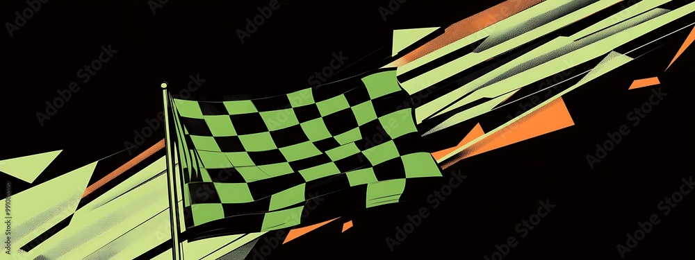 Poster Checkered flag waving on a black background with abstract shapes in green and orange.