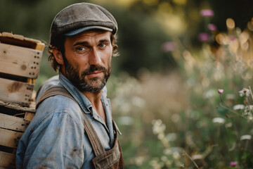 Obraz premium Harvest time season people gathering grain fruit vegetables farm plants field, Generative AI