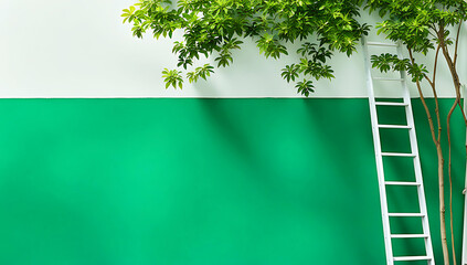 Obraz premium A tall ladder leaning against a color wall ,abstract textured wall ,with minimal distractions large leave tree in white pot is beside ladder