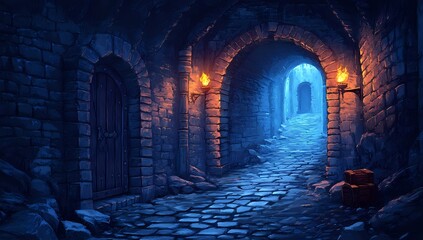 A cobblestone alleyway lit by flickering torches leading towards an opening in the wall.